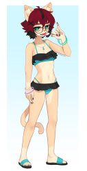 Rule 34 | 1girl, aeiou (yoako), ahoge, animal ears, animal nose, bikini, black-framed eyewear, blue background, blue bikini, blue nails, border, bracelet, breasts, cat ears, cleavage, eating, fingernails, food, full body, furry, furry female, glasses, gradient background, green eyes, hair ornament, hairclip, highres, holding, jewelry, layered bikini, looking at viewer, multicolored hair, multicolored nails, nail polish, navel, original, pinky out, popsicle, red hair, sandals, short hair, signature, simple background, small breasts, solo, standing, streaked hair, swimsuit, watermelon bar, white border, x hair ornament, yoako