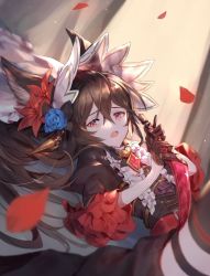 Rule 34 | 1girl, animal ears, belt, black dress, black gloves, black hair, blue flower, blue rose, blurry, blurry foreground, bonnet, center frills, dagger, dress, flower, frills, gloves, granblue fantasy, hair flower, hair ornament, half gloves, holding, holding dagger, holding knife, holding weapon, knife, long hair, long sleeves, looking at viewer, lying, nier (granblue fantasy), on back, open mouth, petals, puffy long sleeves, puffy sleeves, red eyes, rose, shiromimin, solo, thighhighs, weapon