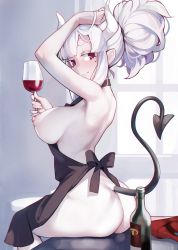 Rule 34 | 1girl, absurdres, alcohol, armpits, ass, ataruman, back, beauty spot, bottle, breasts, closed mouth, cup, drinking glass, helltaker, highres, large breasts, lucifer (helltaker), nipples, simple background, tagme, tail, white background, wine, wine bottle, wine glass