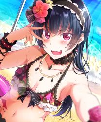 Rule 34 | 10s, 1girl, absurdres, beach, bikini, blue hair, blurry, blush, breasts, cleavage, day, depth of field, flower, hair bun, hair flower, hair ornament, hairband, highres, jewelry, long hair, looking at viewer, love live!, love live! school idol festival, love live! sunshine!!, navel, necklace, open mouth, purple eyes, single hair bun, smile, solo, swimsuit, tattoo, tipii, tsushima yoshiko
