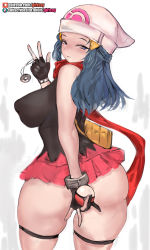 Rule 34 | 1girl, ass, ass focus, bare shoulders, beanie, blue eyes, blue hair, creatures (company), dawn (pokemon), game freak, girlsay, half-closed eyes, hat, highres, holding, holding poke ball, huge ass, legs apart, long hair, looking at viewer, looking back, matching hair/eyes, nintendo, poke ball, pokemon, pokemon dppt, shiny skin, simple background, solo, standing, upper body, very long hair, watch, white background, wristwatch