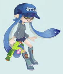 Rule 34 | 1girl, :d, absurdres, baseball cap, bike shorts, blue hair, boots, hat, highres, hikiwari nattou, inkling, inkling girl, inkling player character, long hair, nintendo, open mouth, smile, solo, splatoon (series), splatoon 1, splattershot (splatoon), squidbeak splatoon, tentacle hair, tongue, tongue out, yellow eyes