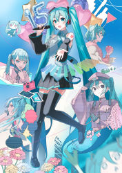 Rule 34 | 6+girls, 6o2 (rokumaruni), absurdres, aimaina, anniversary, apple, aqua eyes, aqua hair, aqua necktie, balloon, bare shoulders, black gloves, black ribbon, black skirt, black sleeves, black thighhighs, camera, commentary, daisy, detached sleeves, flower, food, from behind, from side, fruit, gloves, gohei, grey shirt, grin, hachune miku, hair ornament, half gloves, hat, hatsune miku, headphones, headset, heart balloon, highres, holding, holding food, holding fruit, holding microphone, instrument, jacket, keyboard (instrument), leg up, long hair, looking back, mask, mask pull, melt (vocaloid), microphone, miku miku ni shite ageru (vocaloid), military, military hat, military uniform, miniskirt, motion blur, mouth mask, multiple girls, multiple persona, necktie, o o, photo (object), pink headwear, pink jacket, pink shirt, pleated skirt, poppippoo (vocaloid), rainbow, red eyes, red flower, red jacket, ribbon, ringed eyes, salute, sand, scanlines, scrunchie, senbon-zakura (vocaloid), shirt, shoulder tattoo, skirt, sky, sleeveless, sleeveless shirt, slit pupils, smile, song request, songover, speech bubble, spring onion, standing, standing on one leg, star balloon, suna no wakusei (vocaloid), tattoo, tell your world (vocaloid), thighhighs, triangle mouth, twintails, uniform, vampire (vocaloid), very long hair, vocaloid, white flower, wide sleeves, wind, wrist scrunchie, yellow flower, yield sign, zettai ryouiki
