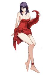 Rule 34 | 1girl, artist name, bare arms, bare shoulders, barefoot, black sclera, breasts, cleavage, closed mouth, collarbone, colored sclera, dress, flower, glasses, hair flower, hair ornament, highres, kagune (tokyo ghoul), kamishiro rize, large breasts, purple hair, red dress, red eyes, red flower, simple background, smile, solo, strapless, strapless dress, tokyo ghoul, white background, yourfreakyneighbourh