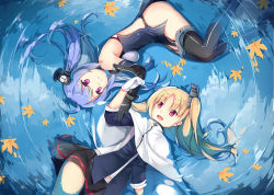 Rule 34 | 2girls, :d, ahoge, arm at side, autumn leaves, azur lane, bare shoulders, black dress, black gloves, black legwear, black skirt, blonde hair, blue hair, blue sky, blush, breasts, cape, cleveland (azur lane), clothes writing, clothing cutout, cloud, cloudy sky, cowboy shot, detached sleeves, dress, from above, garter straps, gloves, headgear, helena (azur lane), jacknavy, long hair, long sleeves, lying, medium breasts, multiple girls, on back, open mouth, outdoors, parted bangs, parted lips, pink eyes, red eyes, reflection, ripples, side cutout, side ponytail, sideways glance, skirt, sky, smile, thighhighs, water, white cape, white gloves