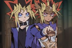 Rule 34 | 2boys, armlet, atem, black collar, black hair, blonde hair, blue eyes, blue jacket, bracelet, cape, choker, circlet, collar, collarbone, dark-skinned male, dark skin, earrings, egyptian, egyptian clothes, holding, holding jewelry, holding necklace, indoors, injury, jacket, jewelry, kurobeta, male focus, millennium puzzle, multicolored eyes, multicolored hair, multiple boys, muto yugi, necklace, open clothes, open jacket, parted lips, pillar, pink eyes, purple cape, purple eyes, red hair, scene reference, school uniform, scratches, shirt tucked in, sketch, spiked hair, uniform, upper body, yu-gi-oh!, yu-gi-oh! duel monsters
