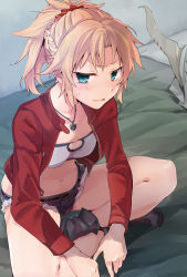 Rule 34 | 1girl, ankle boots, bandeau, bare arms, bare legs, bare shoulders, belt, belt buckle, black footwear, blonde hair, blush, boots, braid, breasts, buckle, commentary request, cutoffs, denim, fate/grand order, fate (series), french braid, green eyes, hair ornament, hair scrunchie, highres, indian style, indoors, leaning forward, looking at viewer, mordred (fate), mordred (fate/apocrypha), mordred (memories at trifas) (fate), navel, open mouth, ponytail, red scrunchie, scrunchie, short hair, short shorts, shorts, sidelocks, sitting, small breasts, solo, sweatdrop, tomozero, v-shaped eyebrows