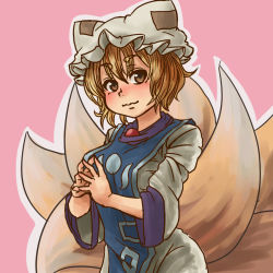 Rule 34 | 1girl, blonde hair, breasts, brown eyes, chanta (ayatakaoisii), cowboy shot, dress, fox tail, hat, kitsune, large breasts, looking at viewer, mob cap, multiple tails, outline, own hands together, pink background, short hair, simple background, solo, tabard, tail, touhou, yakumo ran