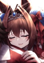 Rule 34 | 2girls, animal ears, blush, brown hair, carrying, commentary request, daiwa scarlet (umamusume), closed eyes, hair intakes, hair ornament, highres, hinamayo, horse ears, horse girl, jacket, long hair, multiple girls, open mouth, piggyback, solo focus, sunlight, tiara, track jacket, umamusume, vodka (umamusume)