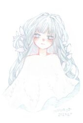 Rule 34 | 1girl, blending, blush, commentary request, dress, expressionless, flower, hair flower, hair ornament, long hair, looking at viewer, nomori (nmr), original, simple background, solo, upper body, white background, white dress, white eyes, white hair, white theme