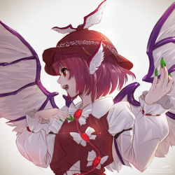 Rule 34 | 1girl, backlighting, blush, commentary request, feathered wings, fingernails, green nails, hat, highres, long fingernails, looking away, looking to the side, mystia lorelei, nail polish, nose, open mouth, pink hair, profile, red eyes, short hair, smile, solo, takami masahiro, teeth, touhou, upper body, white wings, wings