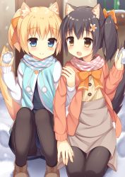 Rule 34 | 2girls, :d, animal ears, bad id, bad pixiv id, beige shirt, black hair, black legwear, blonde hair, blue dress, blue eyes, blue jacket, blush, boots, bow, brown eyes, brown footwear, brown jacket, brown skirt, buttons, cat ears, cat tail, commentary request, cross-laced footwear, door, dress, fang, fingernails, flower, hair between eyes, hair bow, hair flower, hair ornament, high-waist skirt, highres, holding, jacket, kneeling, lace-up boots, locked arms, looking at another, looking at viewer, multicolored clothes, multicolored jacket, multiple girls, open mouth, orange bow, orange ribbon, original, outdoors, panties, panties under pantyhose, pantyhose, plaid, plaid scarf, pom pom (clothes), ribbon, scarf, shirt, side ponytail, skirt, smile, snow, snowball, snowing, squatting, striped clothes, striped shirt, tail, tareme, thighband pantyhose, underwear, usagino suzu, vertical-striped clothes, vertical-striped shirt, white jacket, white panties, window