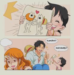 Rule 34 | 1boy, 2girls, aged up, black hair, chandllucky, couple, drawing, facial hair, family, father and daughter, happy, highres, humor, if they mated, long hair, monkey d. luffy, mother and daughter, multiple girls, nami (one piece), one piece, orange hair, original, short hair, smile, speech bubble, stubble