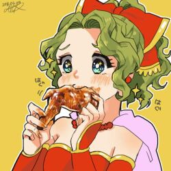 Rule 34 | 1girl, blue eyes, blush, cape, chicken (food), dated, detached sleeves, eating, final fantasy, final fantasy vi, food, green hair, hair ribbon, high ponytail, holding, holding food, long hair, parted bangs, pink cape, red ribbon, ribbon, serieru (summertosuika), signature, solo, sparkling eyes, tina branford, upper body, yellow background