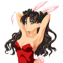 Rule 34 | 00s, 1girl, alternate costume, animal ears, aqua eyes, armpits, arms behind back, arms up, bare arms, bare shoulders, black hair, black ribbon, blush, bow, breasts, cleavage, collarbone, extra ears, fake animal ears, fate/stay night, fate (series), female focus, hair ribbon, leotard, long hair, looking at viewer, medium breasts, minose, minose (phe), neck, oekaki, playboy bunny, rabbit ears, rabbit tail, red leotard, ribbon, serious, simple background, solo, strapless, strapless leotard, tail, tohsaka rin, two side up, type-moon, white background