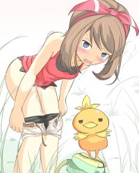 Rule 34 | !, 10s, 1girl, ass, bag, belt, bent over, bike shorts, black eyes, blue eyes, blush, brown hair, clothes pull, creatures (company), fanny pack, game freak, gen 3 pokemon, grass, hair ribbon, have to pee, leaning forward, looking at viewer, may (pokemon), may (pokemon oras), muroi (fujisan0410), nintendo, open mouth, peeing, peeing self, pokemon, pokemon (creature), pokemon oras, pulling own clothes, ribbon, shirt, short shorts, shorts, shorts pull, sidelocks, simple background, sleeveless, sleeveless shirt, surprised, sweat, tears, torchic, trembling, two side up, undressing, wet, wet clothes, white background