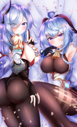 Rule 34 | 2girls, absurdres, ahoge, armpits, ass, bed sheet, bell, black gloves, black legwear, blue hair, blush, breast curtain, breasts, chinese knot, detached sleeves, flower knot, ganyu (genshin impact), genshin impact, gloves, gold trim, hair over one eye, highres, large breasts, long hair, looking at viewer, lying, min1910, multiple girls, neck bell, on back, on stomach, partially fingerless gloves, purple eyes, shenhe (genshin impact), sideboob, sidelocks, thighlet, vision (genshin impact), white sleeves