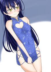 Rule 34 | 1girl, artist name, artist request, bare legs, blue dress, blue hair, blue skirt, blush, breasts, brown eyes, china dress, chinese clothes, cleavage, cleavage cutout, clothing cutout, dress, embarrassed, female focus, floral print, flower print, hair between eyes, heart, heart cutout, heart print, highres, holding, holding clothes, holding skirt, long hair, looking at viewer, love live!, love live! school idol project, miniskirt, navel cutout, nervous, parted lips, plaid, plaid dress, plaid skirt, pleated, pleated dress, pleated skirt, skirt, sleeveless, sleeveless dress, small breasts, smile, solo, sonoda umi, worried, yellow eyes