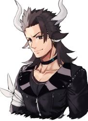 Rule 34 | 1boy, animal ears, arknights, bandages, black choker, black hair, black jacket, brown eyes, choker, collarbone, commentary request, cropped torso, earrings, forehead, grey hair, horns, jacket, jewelry, looking at viewer, male focus, matterhorn (arknights), multicolored hair, simple background, smile, suminagashi, two-tone hair, upper body, v-shaped eyebrows, white background