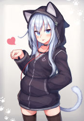 Rule 34 | 1girl, anchor symbol, animal ears, animal hood, bad id, bad pixiv id, black thighhighs, blue eyes, blush, cat ears, cat hood, closed mouth, fake animal ears, fake tail, gradient background, hair between eyes, heart, hibiki (kancolle), highres, hood, hoodie, kantai collection, long hair, looking at viewer, reitou mikan, silver hair, solo, tail, thighhighs, thighs
