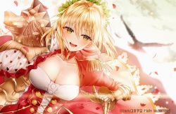 Rule 34 | 10s, 1girl, :d, absurdres, ahoge, animal, backlighting, bird, blonde hair, blurry, blurry background, breasts, cleavage, collarbone, commentary, depth of field, dress, dutch angle, epaulettes, fate/extra, fate (series), gauntlets, green eyes, hair between eyes, hair intakes, highres, juliet sleeves, junpaku karen, large breasts, long hair, long sleeves, nero claudius (fate), nero claudius (fate) (all), nero claudius (fate/extra), open mouth, petals, pixiv id, puffy sleeves, red dress, smile, solo, symbol-only commentary, teeth, upper teeth only