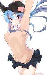 Rule 34 | 1girl, alternate costume, arms up, bad id, bad pixiv id, blue hair, blush, bouncing breasts, breasts, clothes lift, collared shirt, food, food on head, fruit, fruit on head, hat, highres, hiiragi ken, hinanawi tenshi, jumping, long hair, medium breasts, miniskirt, object on head, peach, pleated skirt, red eyes, shirt, skirt, skirt lift, smile, solo, sweater, thighs, touhou, very long hair, wind, wind lift