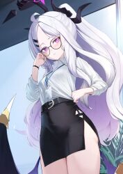 Rule 34 | 1girl, belt, bespectacled, blue archive, glasses, hair ornament, hairclip, highres, hina (blue archive), horns, indoors, long hair, long sleeves, looking at viewer, office lady, purple eyes, rui rubellent, shirt, skirt, solo, thighs, white hair, white shirt, wings