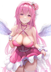 Rule 34 | 1girl, angel wings, blush, bow, breasts, cameltoe, choker, cleavage, clothes lift, corset, criss-cross halter, dorothy (nikke), dorothy (nostalgia) (nikke), dress, feathered wings, feathers, flower, goddess of victory: nikke, hair bow, hair bun, hair intakes, halterneck, high heels, highres, large breasts, lipstick, lnklo, long hair, looking at viewer, makeup, nail polish, official alternate costume, panties, pantyshot, parted lips, pink choker, pink dress, pink hair, pink lips, pink nails, purple eyes, short dress, simple background, single hair bun, single side bun, skirt, skirt lift, sleeveless, sleeveless dress, smile, solo, table, thigh strap, thighhighs, thighs, underwear, white background, white bow, white panties, white thighhighs, wings