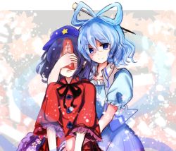 Rule 34 | 2girls, blue dress, blue eyes, blue hair, blue hat, cabbie hat, covering another&#039;s eyes, covering own eyes, dress, floral background, hagoromo, hair ornament, hair stick, hat, kaku seiga, light particles, looking at viewer, mayo (mayomr29), miyako yoshika, multiple girls, open clothes, open mouth, open vest, pointy ears, purple hair, purple skirt, red shirt, ribbon, shawl, shirt, short sleeves, skirt, smile, star (symbol), talismans, touhou, vest