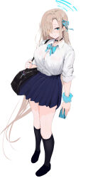 Rule 34 | 1girl, absurdres, aqua bow, aqua bowtie, aqua eyes, asuna (blue archive), asymmetrical bangs, bag, black bag, black choker, black footwear, black socks, blue archive, blue skirt, blush, bow, bowtie, breasts, brown hair, chela77, choker, closed mouth, collared shirt, full body, hair ornament, hair over one eye, halo, highres, holding, holding phone, kneehighs, large breasts, long hair, looking at viewer, one eye covered, phone, school uniform, scrunchie, shirt, shirt tucked in, shoulder bag, simple background, skirt, smile, socks, solo, standing, thighs, white background, white shirt, wrist scrunchie