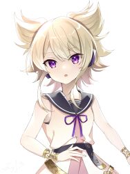 Rule 34 | 1girl, belt, black sailor collar, commentary request, earmuffs, highres, light brown hair, looking at viewer, open mouth, pointy hair, purple eyes, sailor collar, sea scorpion (umisasori), simple background, sketch, sleeveless, touhou, toyosatomimi no miko, upper body, white background
