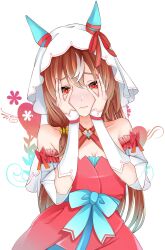 Rule 34 | 1girl, animal ears, breasts, brown hair, cleavage, closed mouth, collarbone, commentary request, detached sleeves, embarrassed, hair between eyes, hair ornament, hands on own face, highres, horse ears, horse girl, long hair, red eyes, reishi (litvyak), small breasts, solo, still in love (umamusume), umamusume, veil, white background