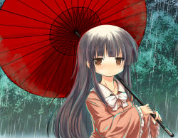 Rule 34 | 1girl, black hair, blunt bangs, blush, bow, brown eyes, chromatic aberration, collarbone, commentary request, faux traditional media, forest, hime cut, holding, holding umbrella, houraisan kaguya, izumi yukiru, japanese clothes, light smile, long hair, looking at viewer, nature, oil-paper umbrella, rain, sidelocks, solo, touhou, umbrella, upper body, very long hair, white bow