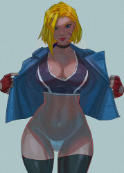 Rule 34 | 1girl, blonde hair, blue eyes, breasts, cammy white, cleavage, crop top, davecavedraws, highres, jacket, large breasts, lips, open clothes, open jacket, panties, short hair, street fighter, street fighter 6, thighhighs, underwear