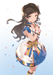 Rule 34 | 1girl, bad id, bad pixiv id, blue skirt, brown eyes, brown hair, choker, collarbone, confetti, feet out of frame, gradient background, hair ribbon, hanarito, hand on own hip, idolmaster, idolmaster million live!, idolmaster million live! theater days, kitazawa shiho, long hair, looking at viewer, nouvelle tricolore (idolmaster), open mouth, ribbon, skirt, solo, wavy hair
