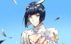 Rule 34 | 1boy, bishounen, black hair, blue eyes, blue sky, blunt bangs, blunt ends, bob cut, bruno bucciarati, cleavage cutout, closed mouth, clothing cutout, collared shirt, day, feathers, fingernails, hair ornament, jojo no kimyou na bouken, lace trim, light particles, long hair, looking at viewer, male focus, outdoors, outstretched hand, pectoral cleavage, pectorals, reaching, shirt, short hair, sky, smile, solo, tiyi (tiyi a09), upper body, vento aureo, white shirt, zipper, zipper pull tab