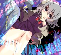 Rule 34 | 1girl, ass, bad id, bad pixiv id, blush, bottomless, bow, bowtie, breasts, brooch, crossed legs, dress, dutch angle, ears, grey hair, hair between eyes, hand to own mouth, hiiragi ken, jacket, jewelry, kishin sagume, knees, light blush, long sleeves, looking at viewer, lying, medium breasts, on back, open mouth, purple dress, red bow, red eyes, short hair, single wing, solo, star (symbol), thighs, touhou, transparent wings, wings