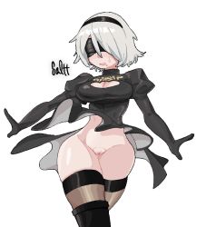 Rule 34 | 1girl, black footwear, black gloves, black hairband, black thighhighs, breasts, cleavage, cleavage cutout, clothing cutout, gloves, gluteal fold, grey background, grey hair, hair over one eye, hairband, medium breasts, mole, mole under mouth, nier (series), nier:automata, omoworks, parted lips, pixel art, puffy sleeves, pussy, short hair, simple background, skindentation, solo, teeth, thighhighs, turtleneck, wind, 2b (nier:automata)