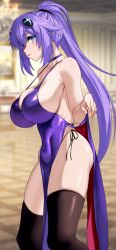 Rule 34 | 1girl, alternate hairstyle, blue eyes, breasts, cleavage, clothes lift, covered navel, dress, highres, large breasts, legs, lifting own clothes, long hair, looking at viewer, neptune (series), no bra, nyamota, parted lips, ponytail, purple hair, purple heart (neptunia), seductive smile, sideboob, smile, solo, source request, thick thighs, thighs, thong, toned, underwear