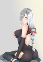 Rule 34 | 1girl, amai-pai, artist name, ass, bare shoulders, blush, bodysuit, braid, grabbing another&#039;s breast, breasts, come hither, from behind, genshin impact, grabbing, green eyes, hair ornament, hair over one eye, highres, hip vent, large breasts, long hair, looking at viewer, looking back, naughty face, shenhe (genshin impact), shiny clothes, shiny skin, sideboob, silver hair, single braid, sitting, skin tight, smile, solo, very long hair, wariza