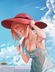 Rule 34 | 1girl, aonaga heri, arm up, armpits, blue dress, blurry, blush, breasts, cleavage, cloud, cloudy sky, commentary request, day, depth of field, dress, food, from side, hat, hojo karen, idolmaster, idolmaster cinderella girls, jewelry, leaning forward, long hair, medium breasts, melting, nail polish, necklace, orange eyes, orange hair, popsicle, profile, red hat, sky, solo, sweat, upper body