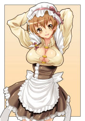 Rule 34 | 1girl, apron, arm behind head, arms up, blush, breasts, brown eyes, brown hair, bursting breasts, cleavage, cowboy shot, cropped legs, dress, frilled dress, frills, hat, head tilt, large breasts, long sleeves, looking at viewer, maid, maid apron, mob cap, open mouth, original, outside border, shirt, shiruko, short hair, solo