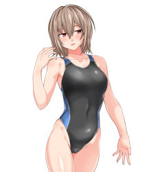 Rule 34 | 1boy, black one-piece swimsuit, blush, breasts, brown hair, castration, cowboy shot, guro, hair between eyes, highres, one-piece swimsuit, original, pxkanif, red eyes, simple background, skindentation, swimsuit, tagme, white background