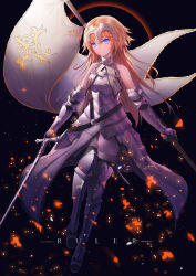 Rule 34 | 1girl, absurdres, armor, armored boots, armored dress, bad id, bad pixiv id, black thighhighs, blonde hair, blue eyes, boots, chain, closed mouth, copyright name, detached sleeves, dress, dual wielding, fate/apocrypha, fate (series), faulds, flag, floating hair, full body, fur-trimmed legwear, fur-trimmed sleeves, fur trim, gauntlets, hair between eyes, headpiece, highres, holding, holding flag, holding sword, holding weapon, jeanne d&#039;arc (fate), jeanne d&#039;arc (ruler) (fate), jeanne d&#039;arc (third ascension) (fate), long hair, neon (hhs9444), sleeveless, sleeveless dress, smile, solo, sword, thighhighs, very long hair, weapon, white dress