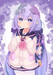 Rule 34 | 1girl, absurdres, ahoge, azur lane, backpack, bag, commentary request, hair ornament, highres, long hair, looking at viewer, low twintails, pantyhose, parted lips, pleated skirt, purple eyes, purple hair, school bag, school uniform, serafuku, signature, simple background, skirt, solo, ssammu, stuffed animal, stuffed toy, sweater, tree shade, twintails, unicorn (long-awaited date) (azur lane), unicorn (azur lane), white pantyhose, winged unicorn, x hair ornament