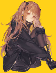 Rule 34 | 1girl, absurdres, boots, brown eyes, brown hair, girls&#039; frontline, hair ornament, hair ribbon, hairpin, highres, jacket, knee pads, knees to chest, long hair, long sleeves, looking at viewer, pantyhose, ribbon, scar, scar across eye, scar on face, simple background, skirt, smile, solo, twintails, ump9 (girls&#039; frontline), yellow background, yoggi (stretchmen)