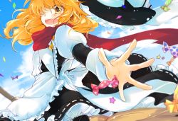 Rule 34 | 1girl, bad id, bad pixiv id, blonde hair, bow, braid, broom, broom riding, candy, day, food, hair bow, hat, hat ribbon, kirisame marisa, messy hair, one eye closed, open hand, open mouth, poprication, ribbon, side braid, sky, solo, touhou, wavy hair, wink, yellow eyes