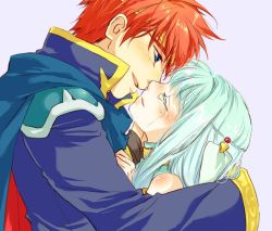 Rule 34 | aqua hair, bare shoulders, blue eyes, blush, cape, couple, dress, eliwood (fire emblem), closed eyes, fire emblem, fire emblem: the blazing blade, hair ornament, hand on another&#039;s face, happy, hug, imminent kiss, long hair, long sleeves, ninian, nintendo, open mouth, red hair, see-through, short hair, smile, tears, tiara