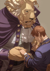 Rule 34 | 2boys, animal ears, ascot, bara, beard, beauty and the beast, commission, european clothes, facial hair, facial scar, feet out of frame, furry, furry with non-furry, holding hands, interspecies, kumanaru, large hands, large pectorals, lion boy, lion ears, long beard, looking at another, male focus, multiple boys, muscular, muscular male, original, pectorals, prince, scar, scar on cheek, scar on face, short hair, size difference, white ascot, yaoi, yellow fur