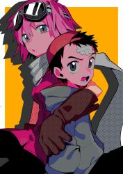 Rule 34 | 1boy, 1girl, age difference, arm around shoulder, backwards hat, bandaged head, bandages, baseball cap, blue hoodie, breasts, brown gloves, child, commentary, couple, english commentary, flcl, gloves, goggles, goggles on head, haruhara haruko, hat, highres, hood, hoodie, looking at viewer, lower teeth only, medium breasts, menma (enaic31), nandaba naota, onee-shota, pink hair, scarf, short hair, teeth, upper teeth only, yellow background